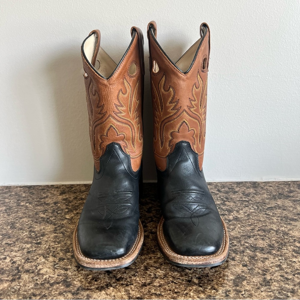 Kids Two-Tone Leather Western Boots - Black & Brown